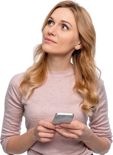 Woman holding a phone looking thoughtful